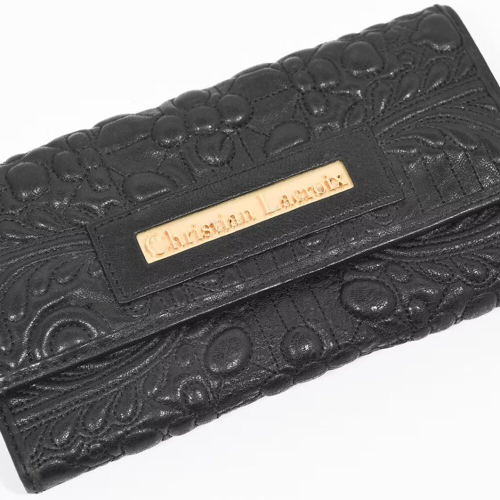 Christian Lacroix Black Embossed Leather Wallet with Gold Hardware